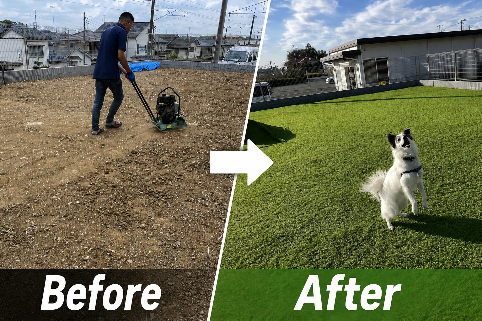 人工芝の施工事例:土の庭を整地し、愛犬が走れる人工芝の庭に(ビフォーアフター)