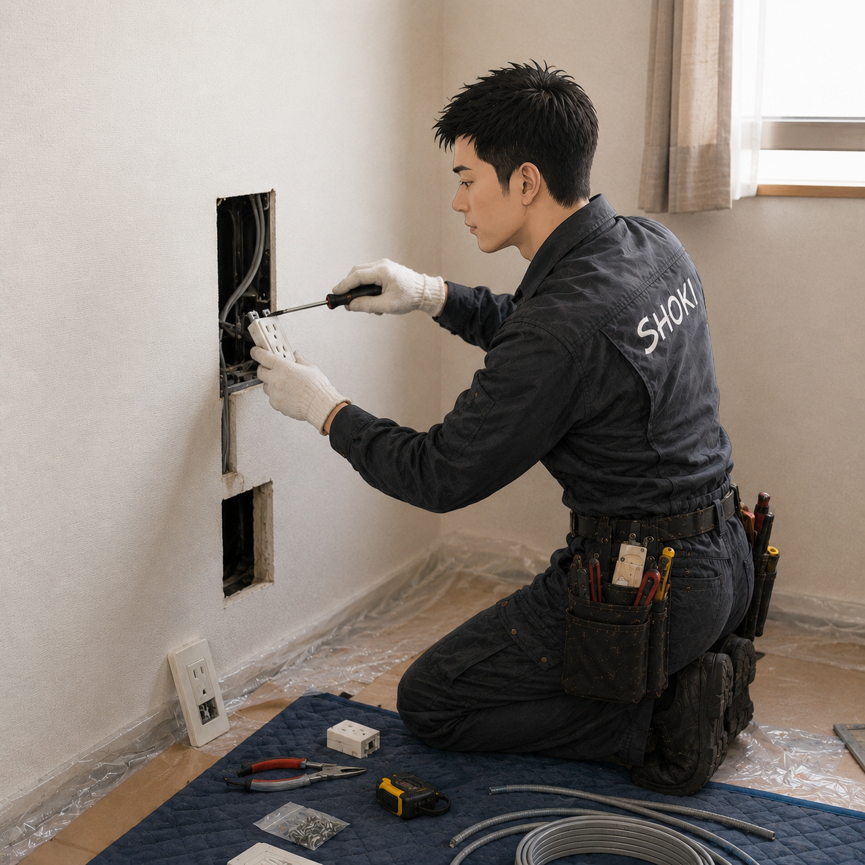 電気工事（コンセント・スイッチ）の作業の様子