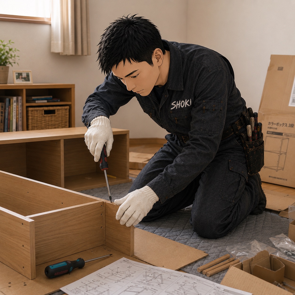 家具の組み立て作業の様子